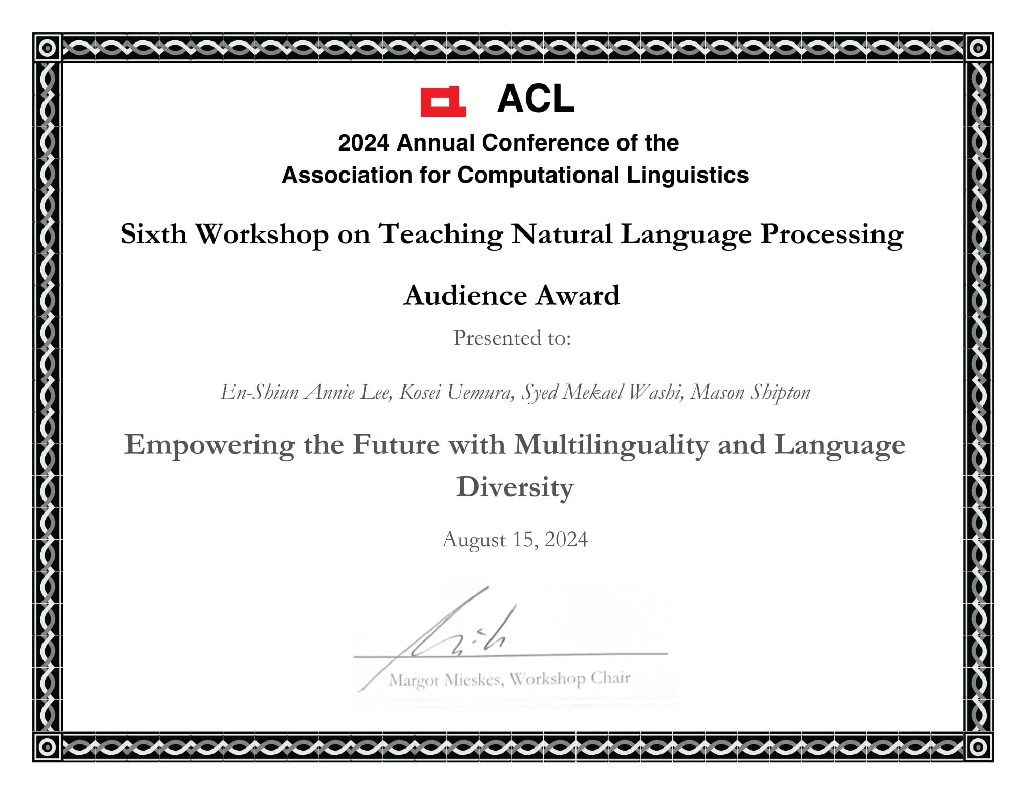 Audience Award at the Association for Computational Linguistics (ACL) conference